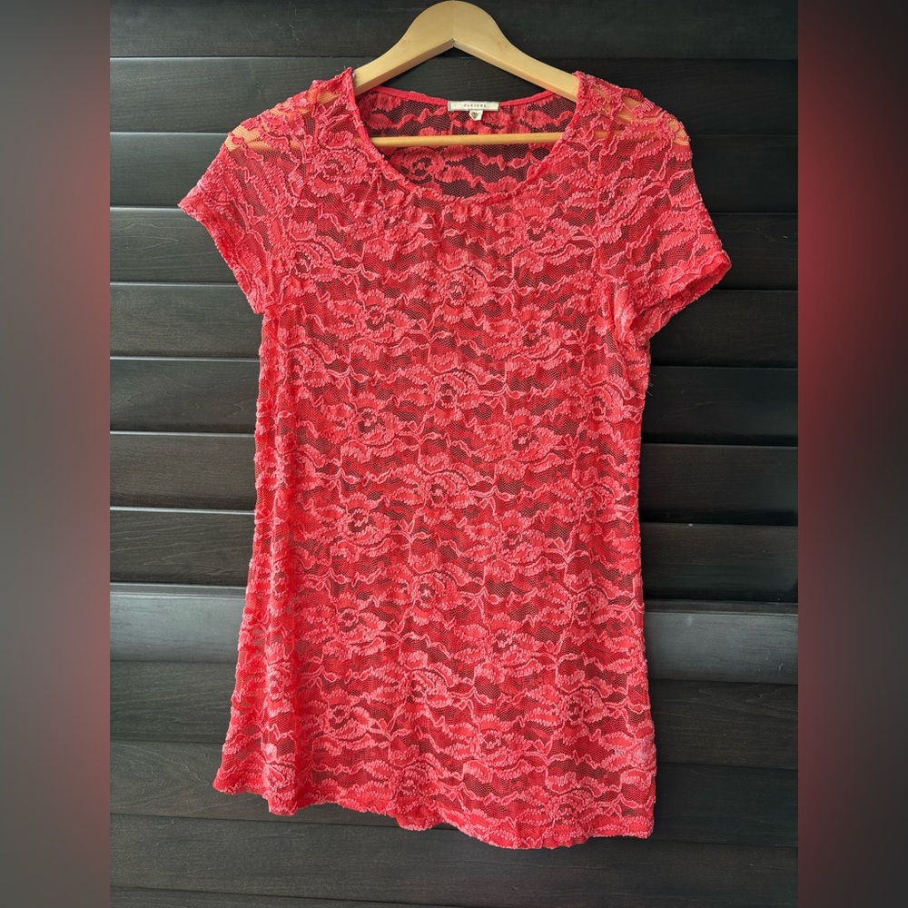 PLEIONE Medium Pink Orange Sheer Short Sleeve Lacy Cotton Blend Blouse